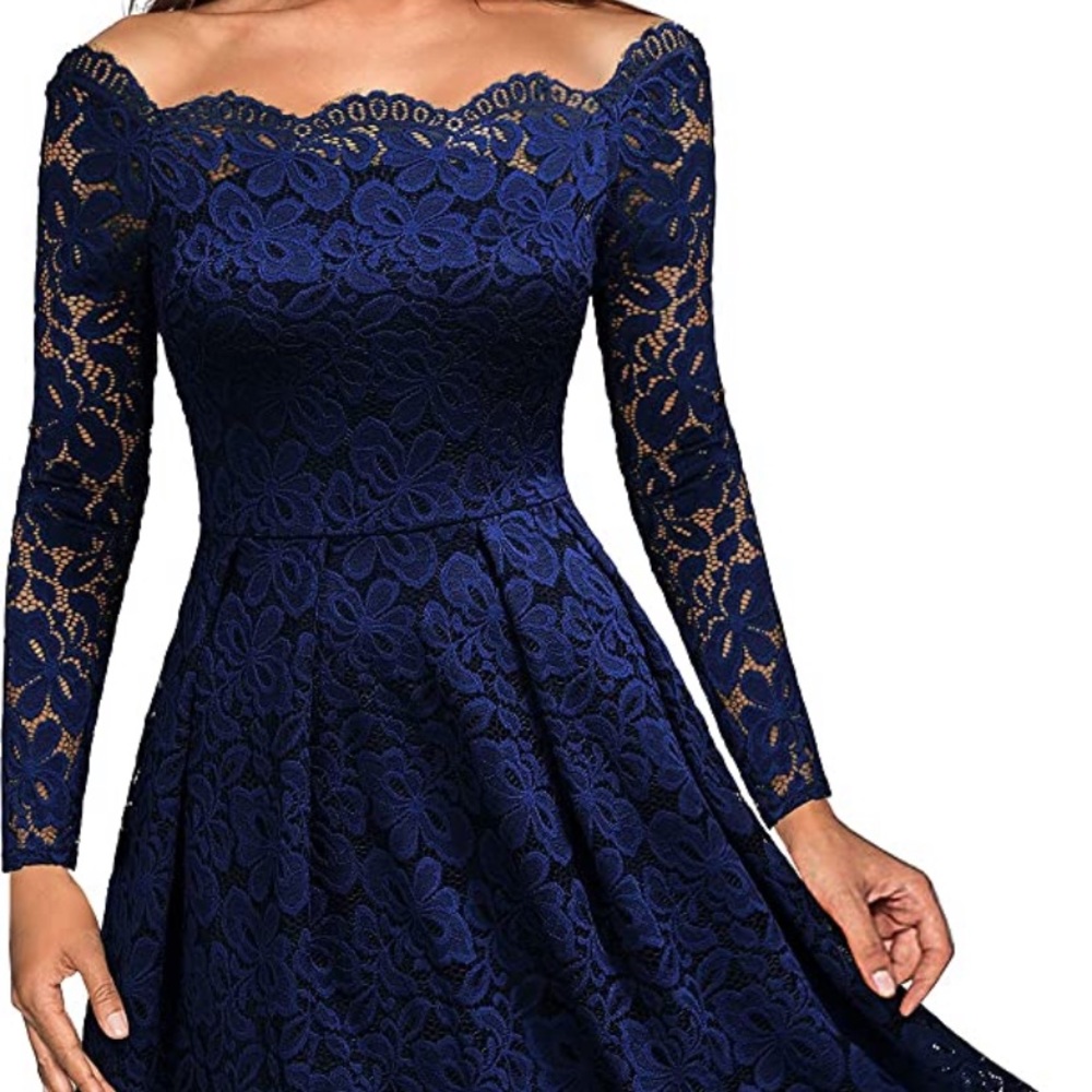 Vintage blue floral lace dress with long sleeves